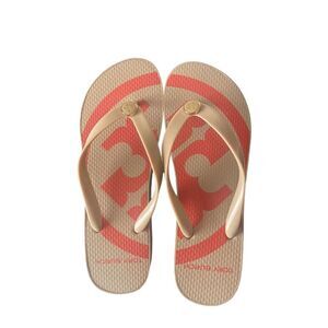 Tory Burch Women's Flip Flops Tan Logo Pattern Rubber Sandals